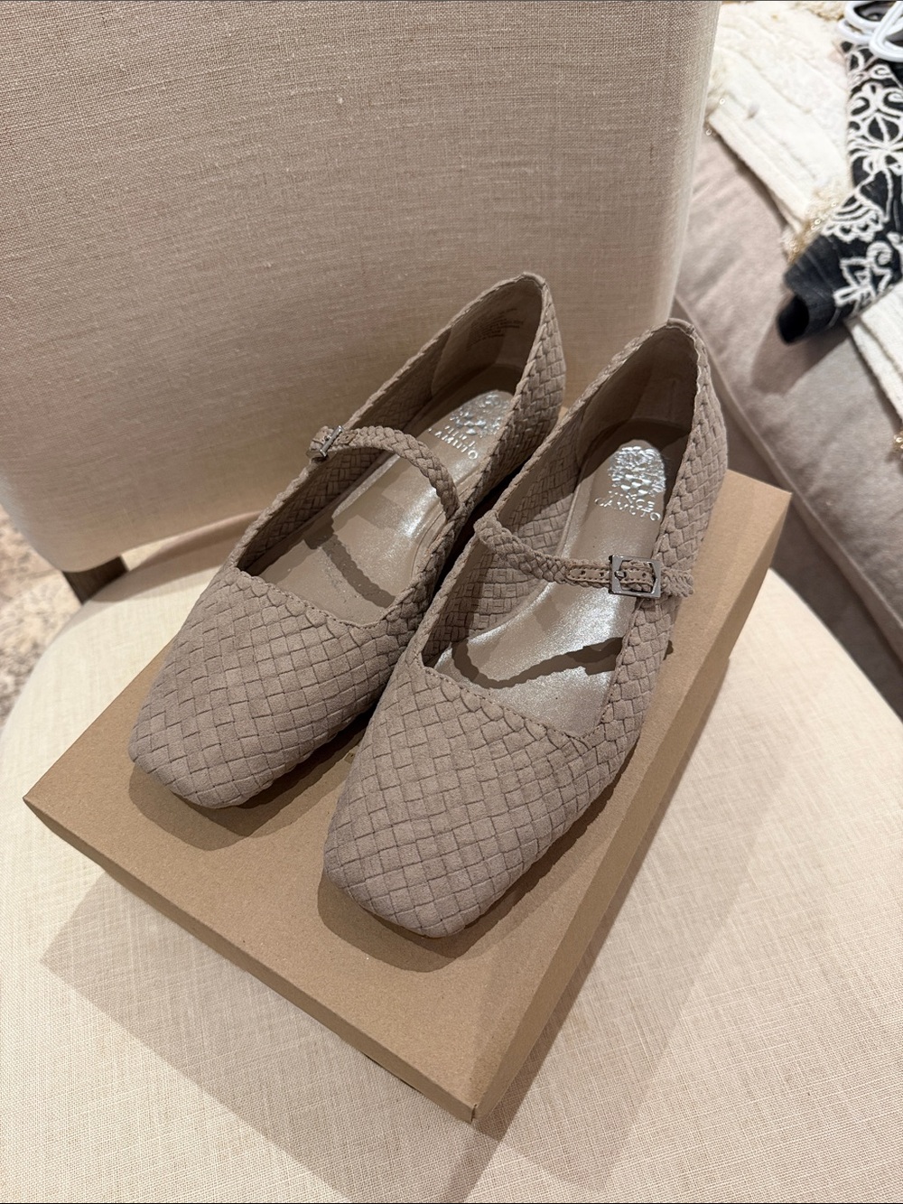 Vince Camuto Woven Mary Jane Flats in Taupe